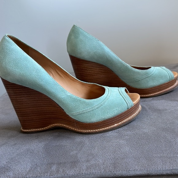 Michael Kors Suede Turquoise Open Toe Wedges Size 8 - Picture 7 of 7